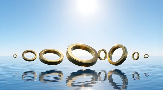 Floating golden rings hovering over calm sea water under bright sun