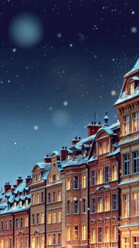 Snow falling over charming European town houses with glowing windows, cozy winter night and Christmas holiday atmosphere