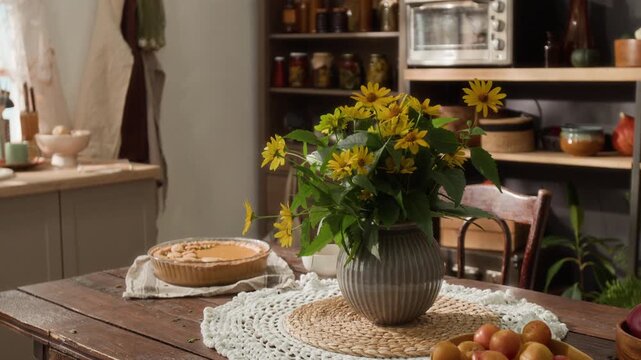 Yellow flowers in ceramic vase standing on rustic wooden table next to freshly baked pumpkin pie. Footage is ideal for Thanksgiving holiday promotions and autumn lifestyle marketing campaigns