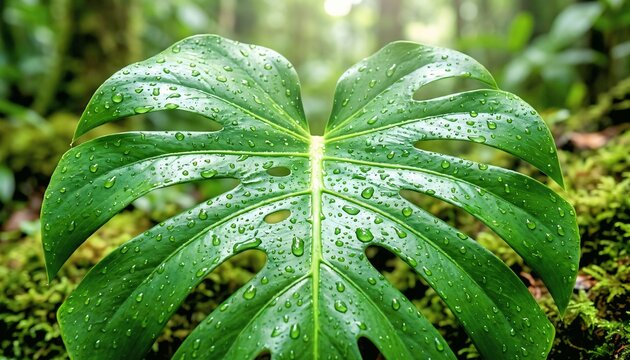 Close up top down view of green monstera plant leaf veins covered in water drops