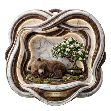 Black bear sleeping under a beautiful bonsai tree inside a decorative silver metal frame isolated on white background
