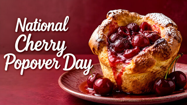 National Cherry Popover Day text card with delicious homemade cherry popover pastry dessert, fresh cherries, and sweet red background for food holiday celebration