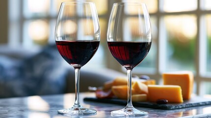 Fototapeta premium Two wine glasses on a marble table with cheese and charcuterie, illuminated by soft window light
