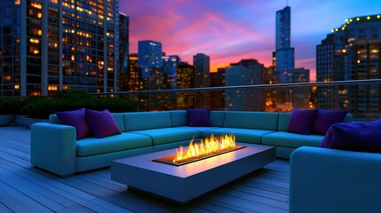 Obraz premium Modern rooftop lounge with firepit, vibrant seating, overlooking skyscrapers under sunset hues