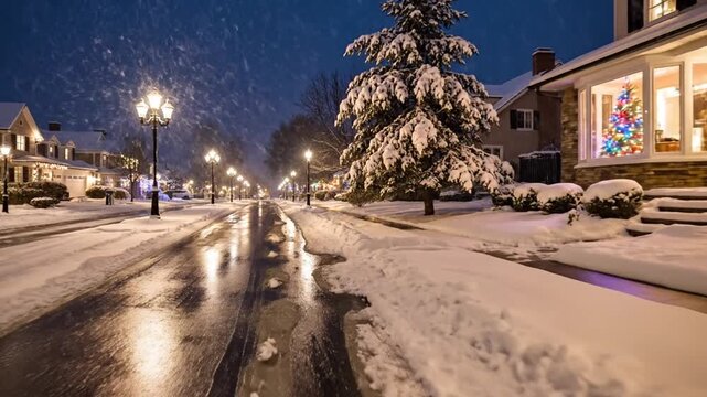 Snowy suburban street with Christmas lights at night