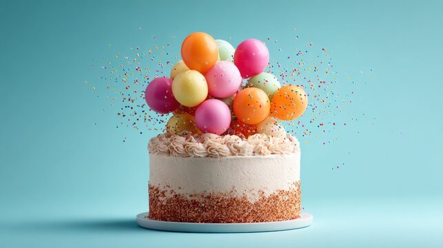 Celebratory cake bursting with vibrant balloon decorations