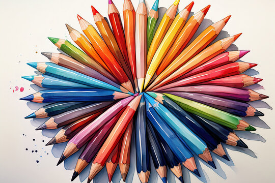 Colored pencils creating a vibrant color wheel design