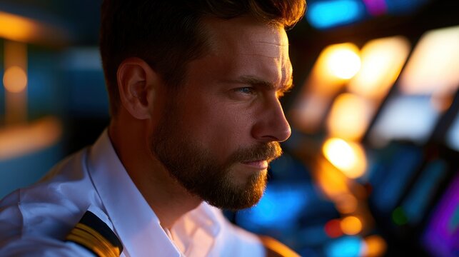 Focused ship captain gazing through window, illuminated by sunset and console lights