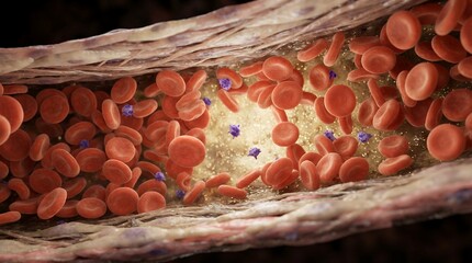 Obraz premium Microscopic view of low platelet count in blood. Thrombocytopenia concept with red blood cells.