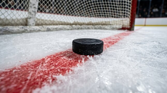 Hockey puck crossing the red goal line. Close up of a puck on a scratched ice rink surface.