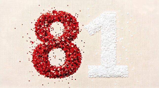 Number 81 formed from sparkling red and white confetti on light background