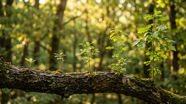 Young oak saplings grow on a moss-covered branch, symbolizing growth, nature, and renewal in a forest setting