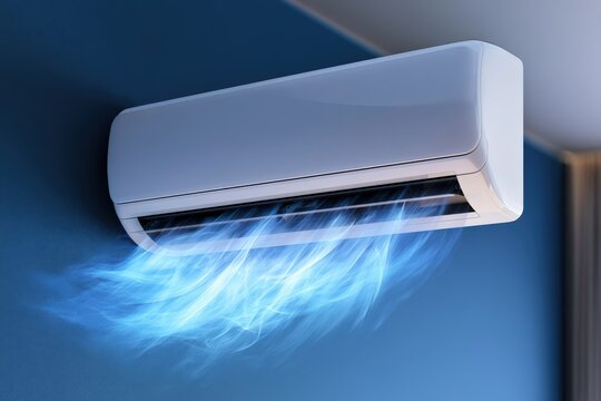 Modern air conditioner emits cool blue airflow