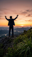 Fototapeta premium Man in suit with arms raised on a rocky cliff at sunrise overlooking a city, symbolizing achievement, freedom, and new beginnings