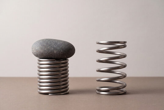 Steel spring crushed under a stone beside a free spring, pressure and relief, stress and tension versus ease