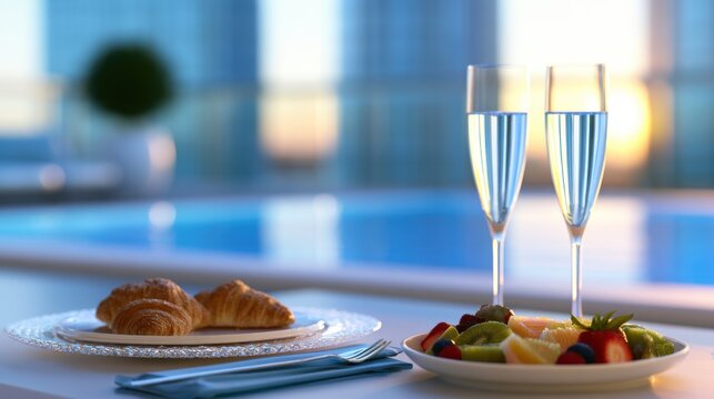 Two glasses of sparkling drink beside croissants and fruit, set on a poolside table at sunset