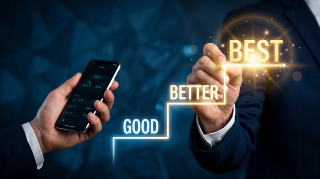 Business concept of progress from good to better to best, with hand holding phone and drawing on screen, symbolizing growth and achievement