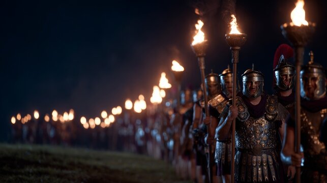 Line of roman soldiers marching with torches at night