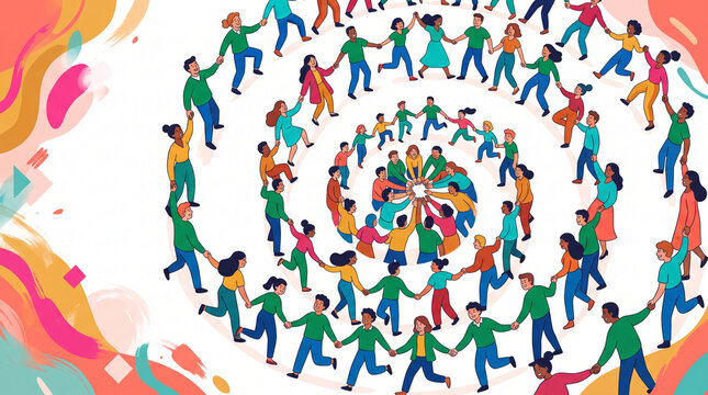 Diverse people holding hands in a circular chain, symbolizing unity and community, set against a colorful abstract background