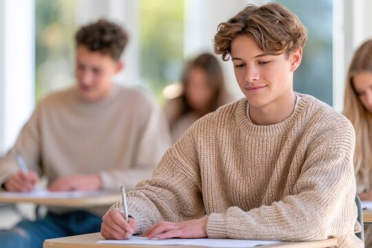 Young student concentrates on exam paper