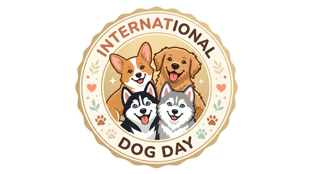 International dog day circular illustration featuring cute corgi and other dogs retriever decoration