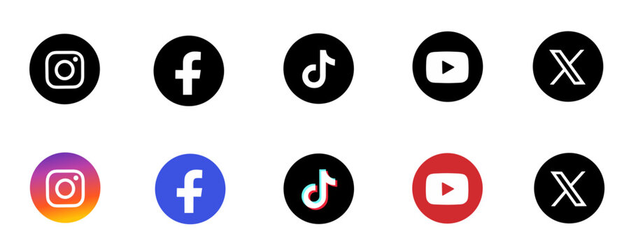 Vector illustration of social media icon set featuring instagram, facebook, tiktok, youtube, and X logos