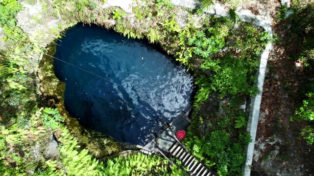 An oblique drone view rises away from the blue cenote opening amid dense tropical vegetation at Cenote Zapote, Quintana Roo, Mexico.