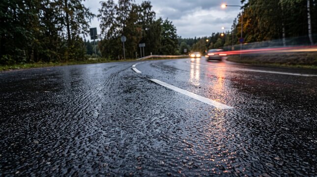 Rain-soaked black asphalt reflecting city lights. Wet road surface with reflections and motion blur, urban street scene in rainy weather.