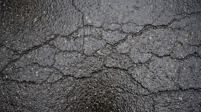 Rain-soaked cracked asphalt road surface texture. Wet pavement with deep fissures and weathered concrete patterns for urban design.