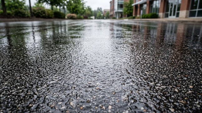 Wet pavement with rain reflections. Urban street scene after rain, glossy wet surface with puddles and reflections, moody weather, cityscape backgr...