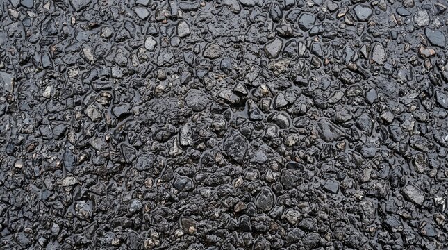 Close-up of wet asphalt street texture after rain. Urban road surface with water reflections and rough detail.