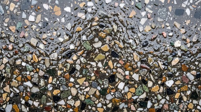 Close-up of wet terrazzo tile surface after rain. Textured flooring with colorful aggregate details, ideal for urban design and flooring projects.