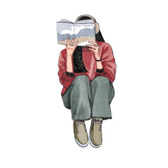 Woman Reading Book with Headphones