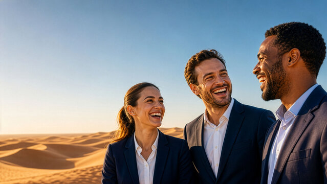 A conceptual image representing positive team building or overcoming challenges (desert landscape with negative space). Workers laughing heartily