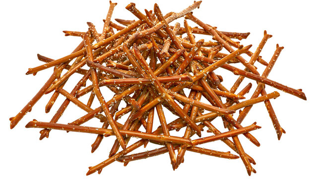 Pile of crunchy pretzel sticks with salt crystals, isolated on transparent background