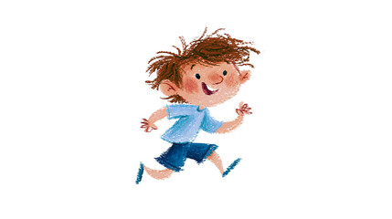 Joyful cartoon boy with messy brown hair running, isolated on transparent background