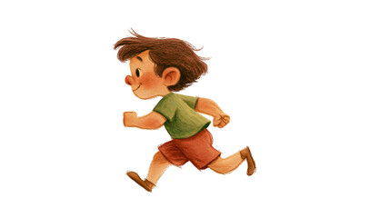 Cartoon boy in green shirt and red shorts running, isolated on transparent background