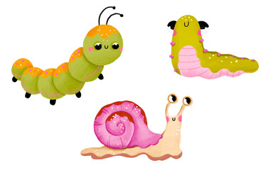 Adorable hand-drawn crawling insects set featuring a cute green caterpillar, bright pink snail, and funny slug. Great for children's books, nursery prints, and educational graphics. © Ilona