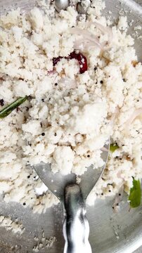  Idli Upma Recipe on ladle and kadai , close up slow mo ,upma oil fried food