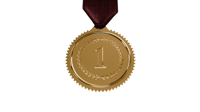 Gold medal with number one and laurel wreath, isolated on transparent background