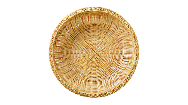 Round woven wicker basket with braided rim, isolated on transparent background