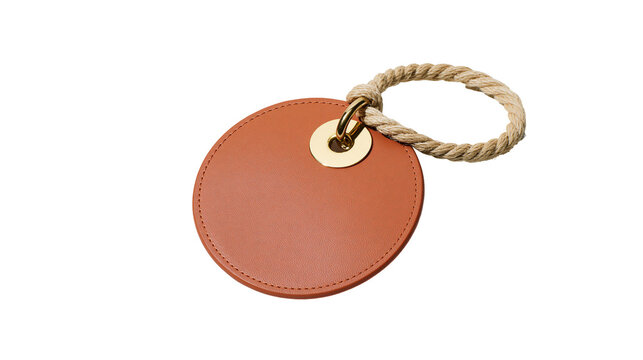 Round brown leather tag with rope handle and gold ring, isolated on transparent background