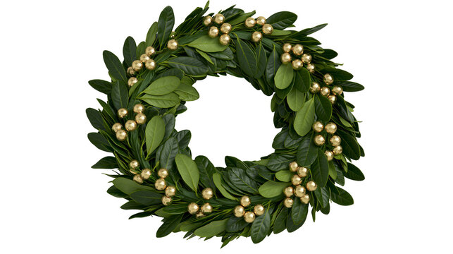 Round green boxwood wreath with golden berry accents, isolated on transparent background