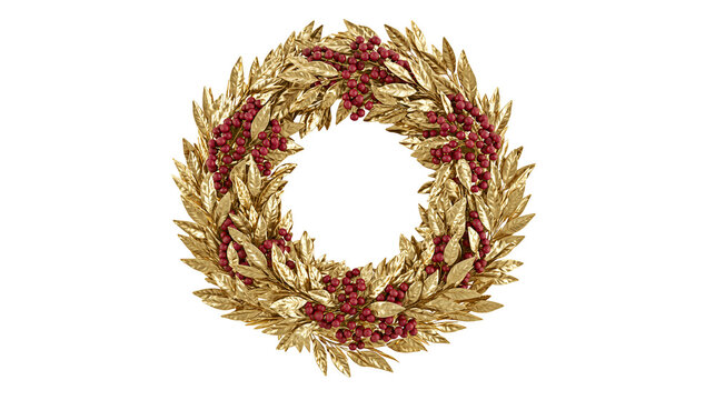 Golden laurel wreath with red berries, festive decoration isolated on transparent background