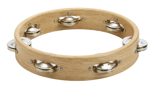 Wooden tambourine with metal jingles, isolated on transparent background