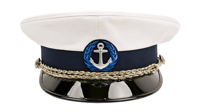 White navy captain s hat with blue anchor emblem and gold trim, isolated on transparent background