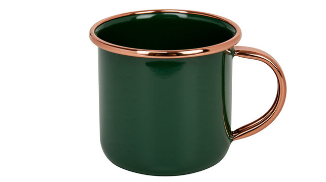 Dark green enamel mug with copper rim and handle, isolated on transparent background