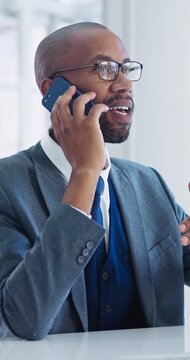 Phone call, contact and black man in office with communication, feedback or investment networking. Talk, cellphone and venture capitalist on mobile discussion for review on business growth at agency.