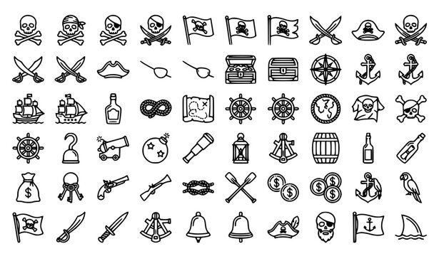 Black and white pirate flag and skull outline icon pack vector illustration