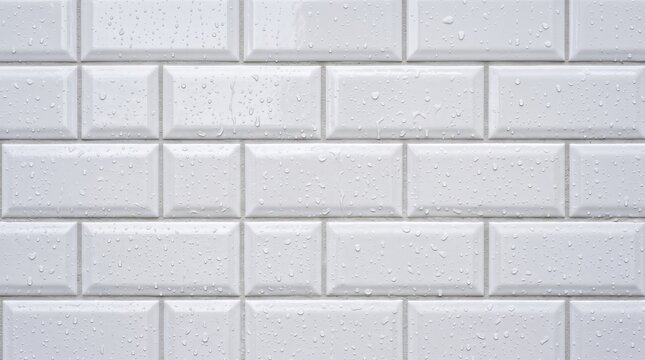 White subway tile wall with water droplets. Modern bathroom or kitchen decor with clean, glossy surface.